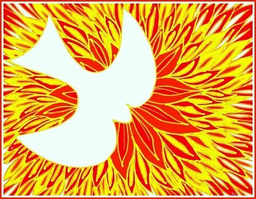 Pentecost dove surrounded by red and yellow flames